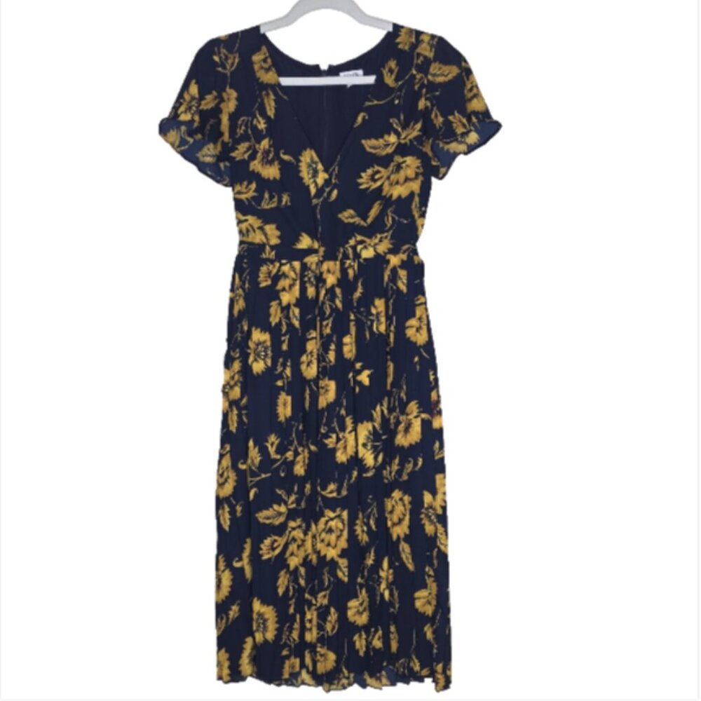 J Crew Floral Dress Cap Sleeve Navy Yellow Womens Size 0 Chic Bloomcore Feminine